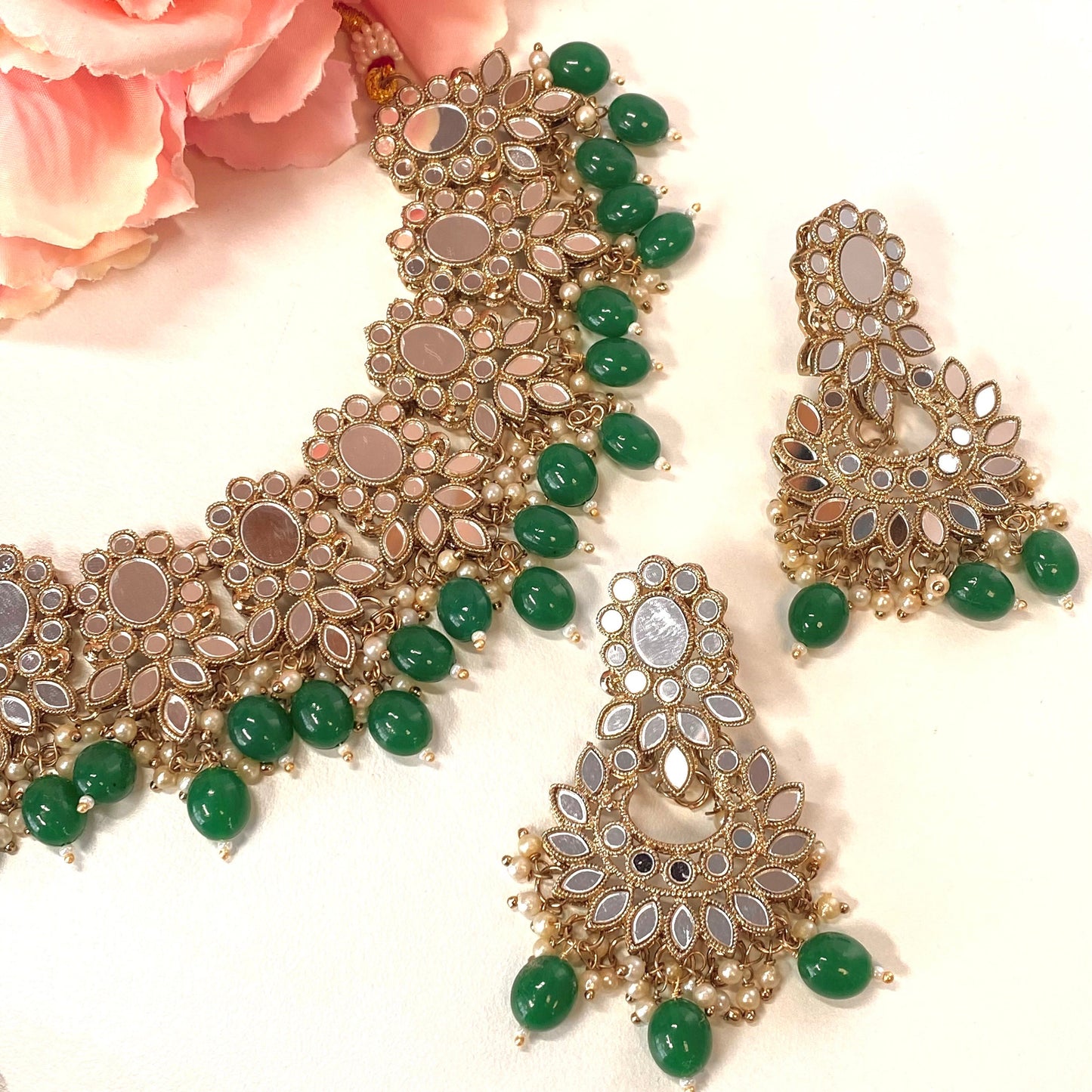 Mirror Choker Set - Green Earring/ Tikka/ Tikli/ Indian/ Pakistani/Fashion Jewellery/ Gift for Women