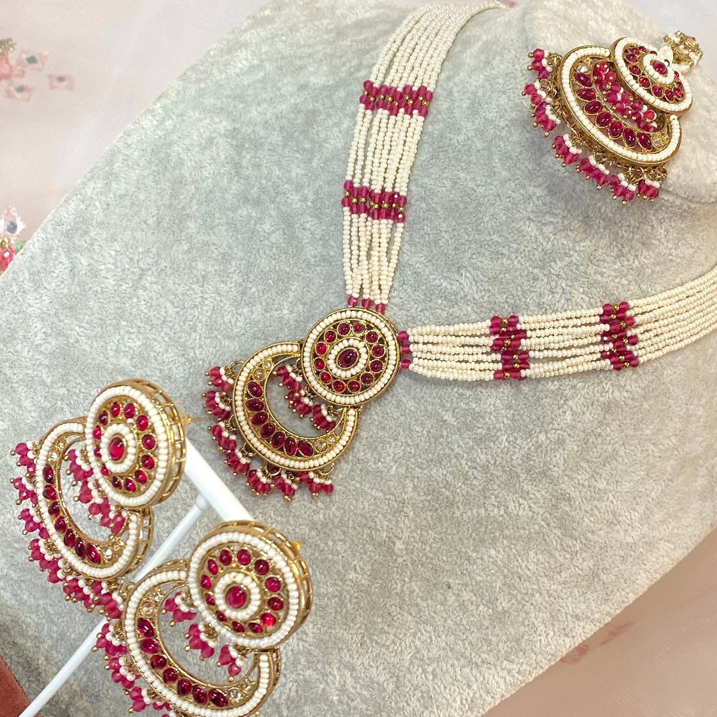 Pearl Necklace Set - Ruby/Long Necklace/Haar/Mala/ Earring/ Tikka/ Tikli/ Indian/ Pakistani/Fashion Jewellery/ Gift for Women