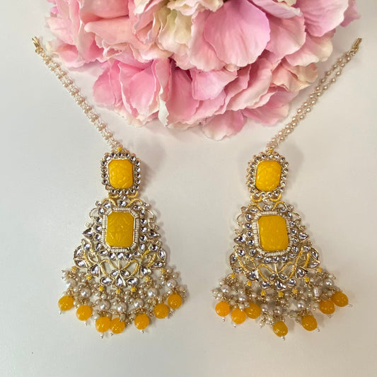Meenakari/ Indian/ Pakistani Style/Large Faux-Kundan Earrings - Yellow