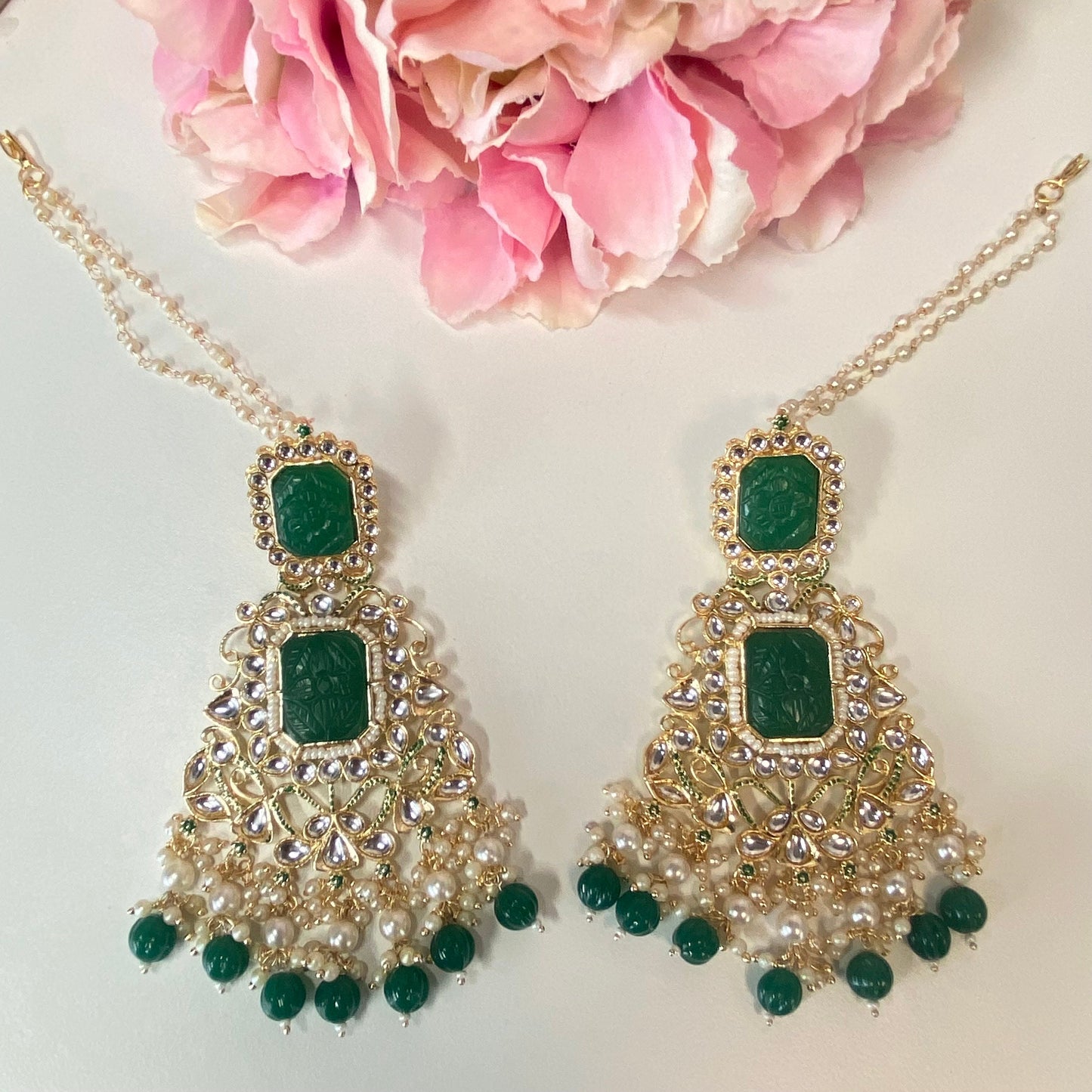 Large Faux-Kundan Earrings - Bottle Green/ Indian Style Earring/ Fashion Jewellery/ Gift for Women