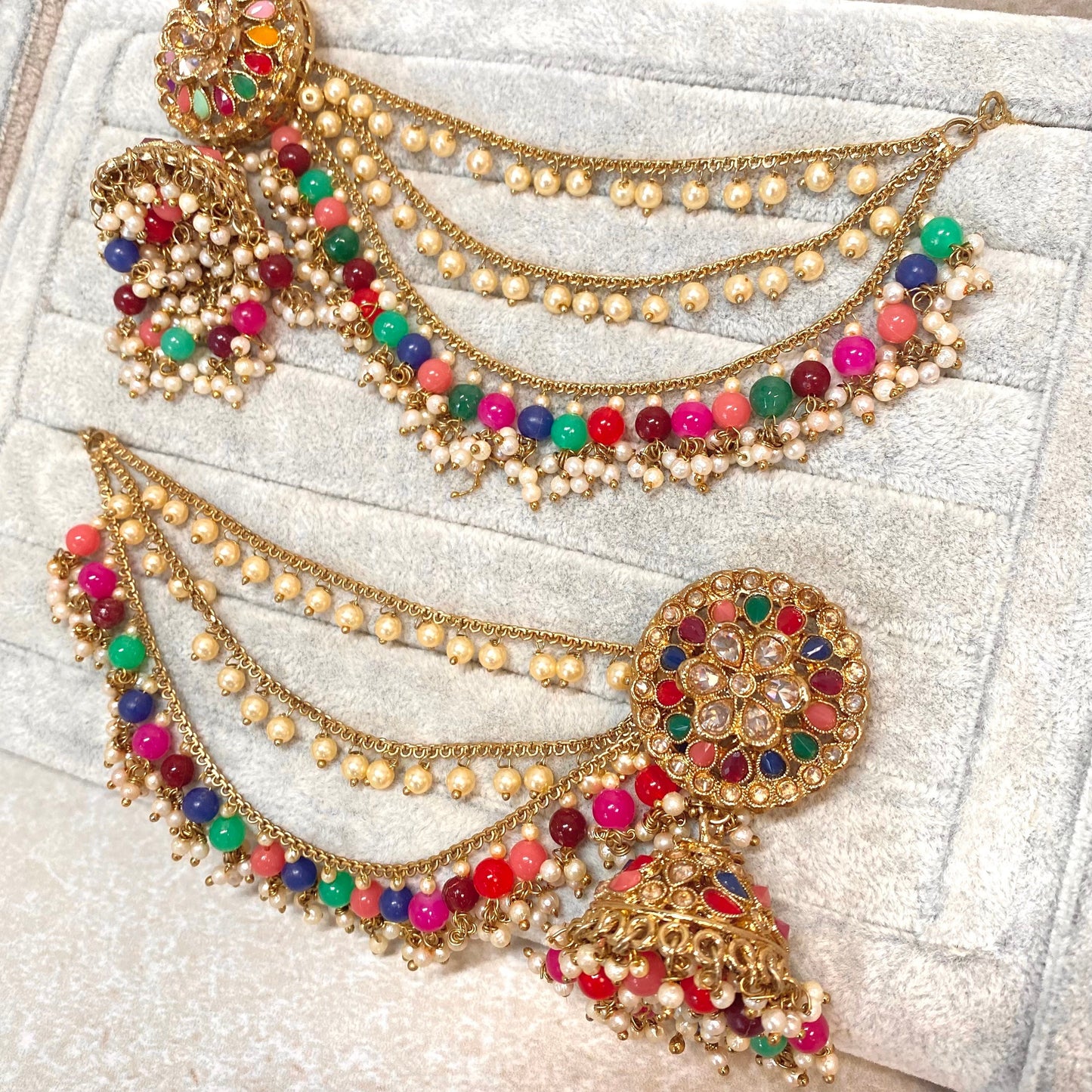Multi Colour Jhumka Earrings With Ear Chains