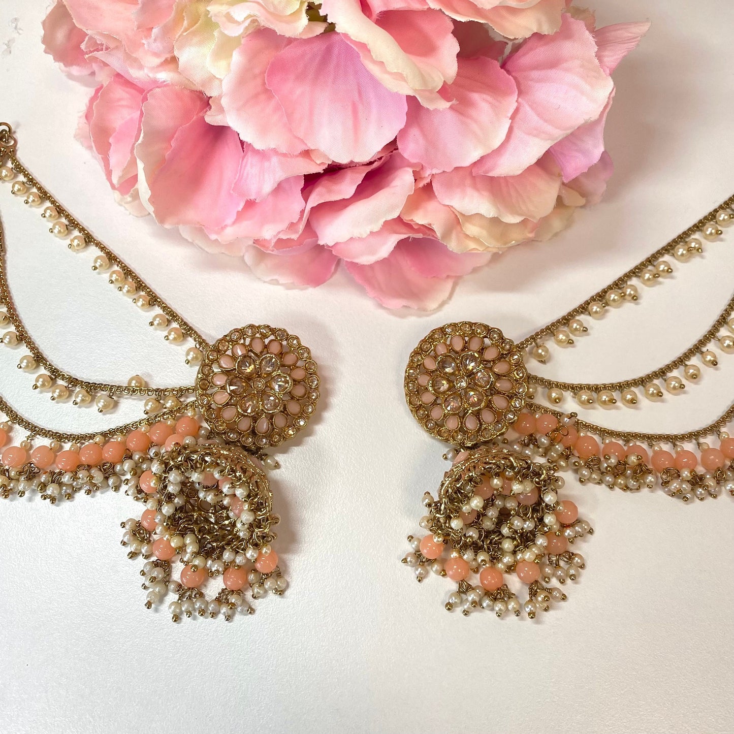 Peach Jhumka Earrings With Ear Chains/ Fashion Jewellery/ Gift for Women/Indian/Pakistani style