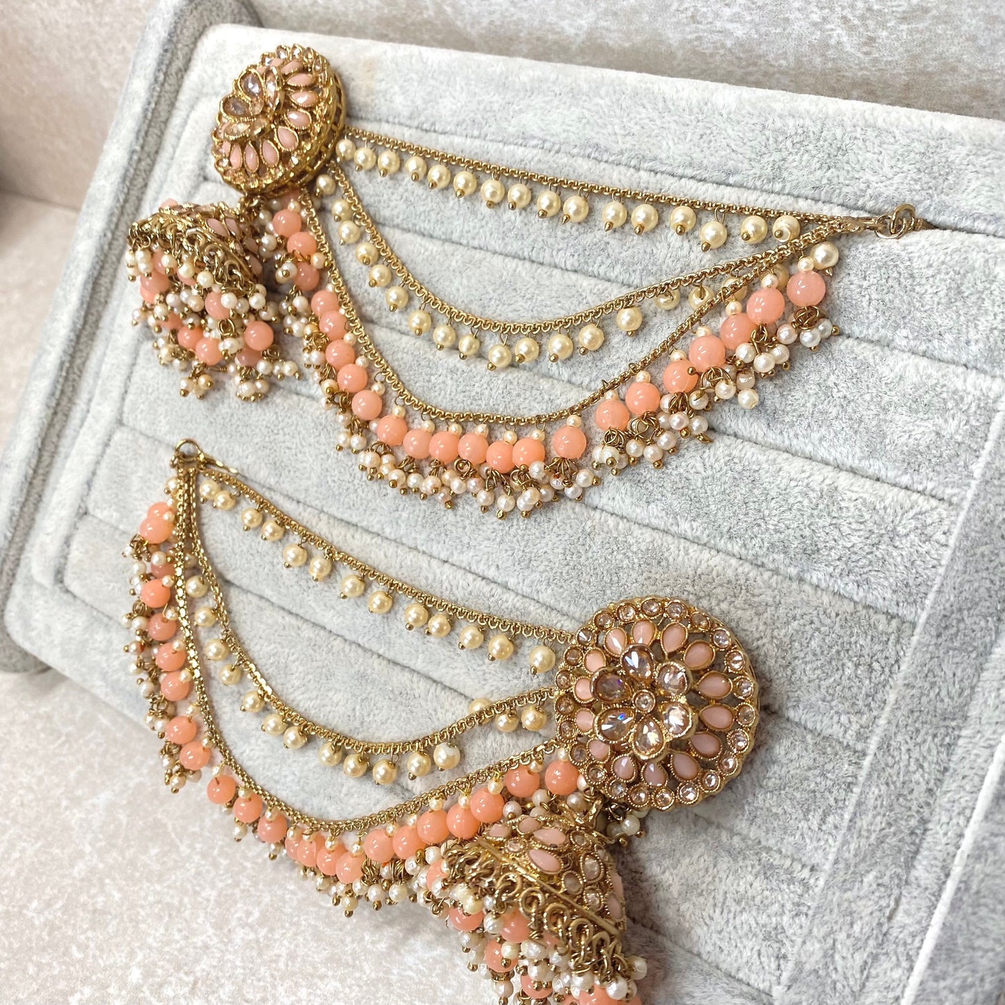 Peach Jhumka Earrings With Ear Chains/ Fashion Jewellery/ Gift for Women/Indian/Pakistani style