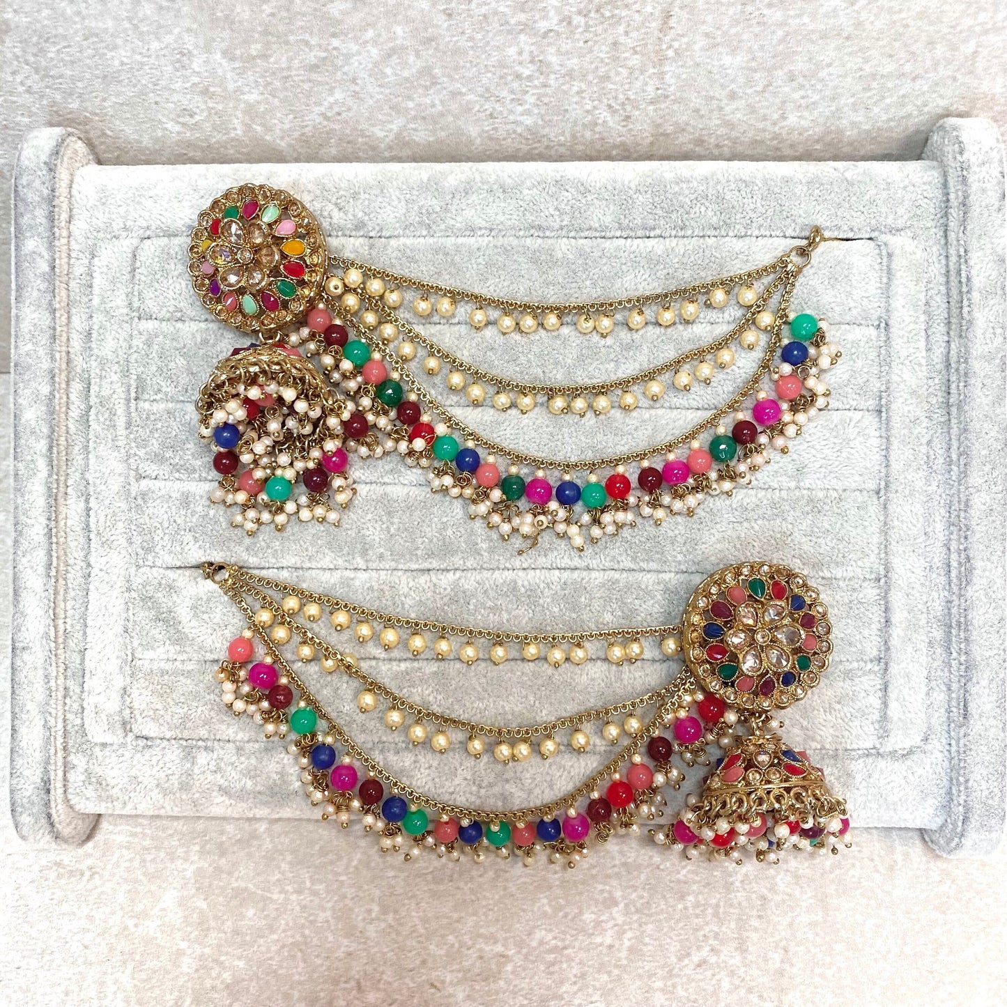 Multi Colour Jhumka Earrings With Ear Chains