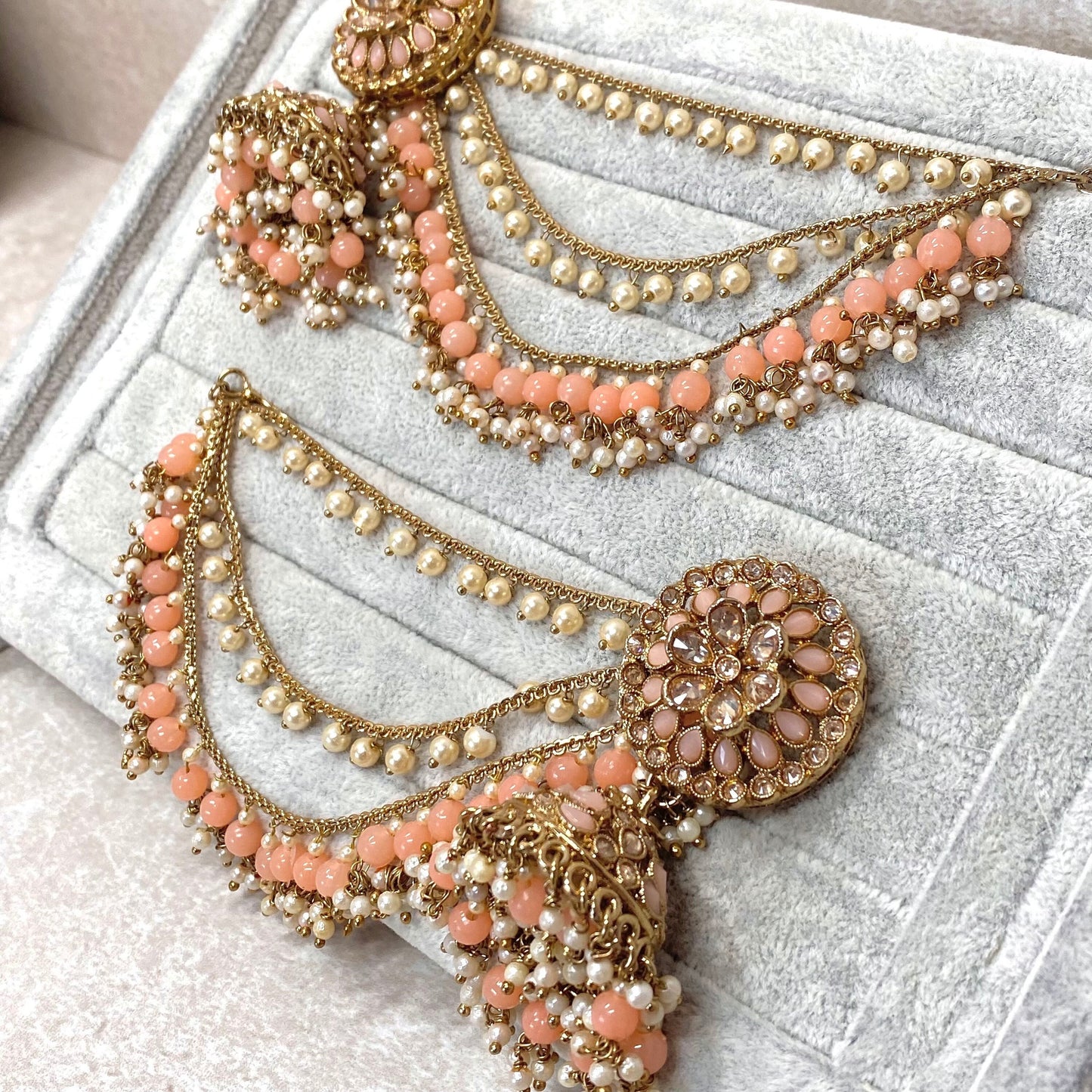 Peach Jhumka Earrings With Ear Chains/ Fashion Jewellery/ Gift for Women/Indian/Pakistani style