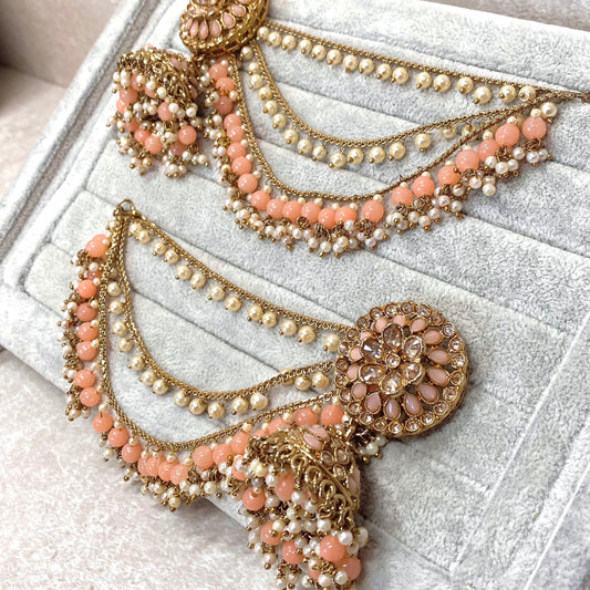 Peach Jhumka Earrings With Ear Chains/ Fashion Jewellery/ Gift for Women/Indian/Pakistani style
