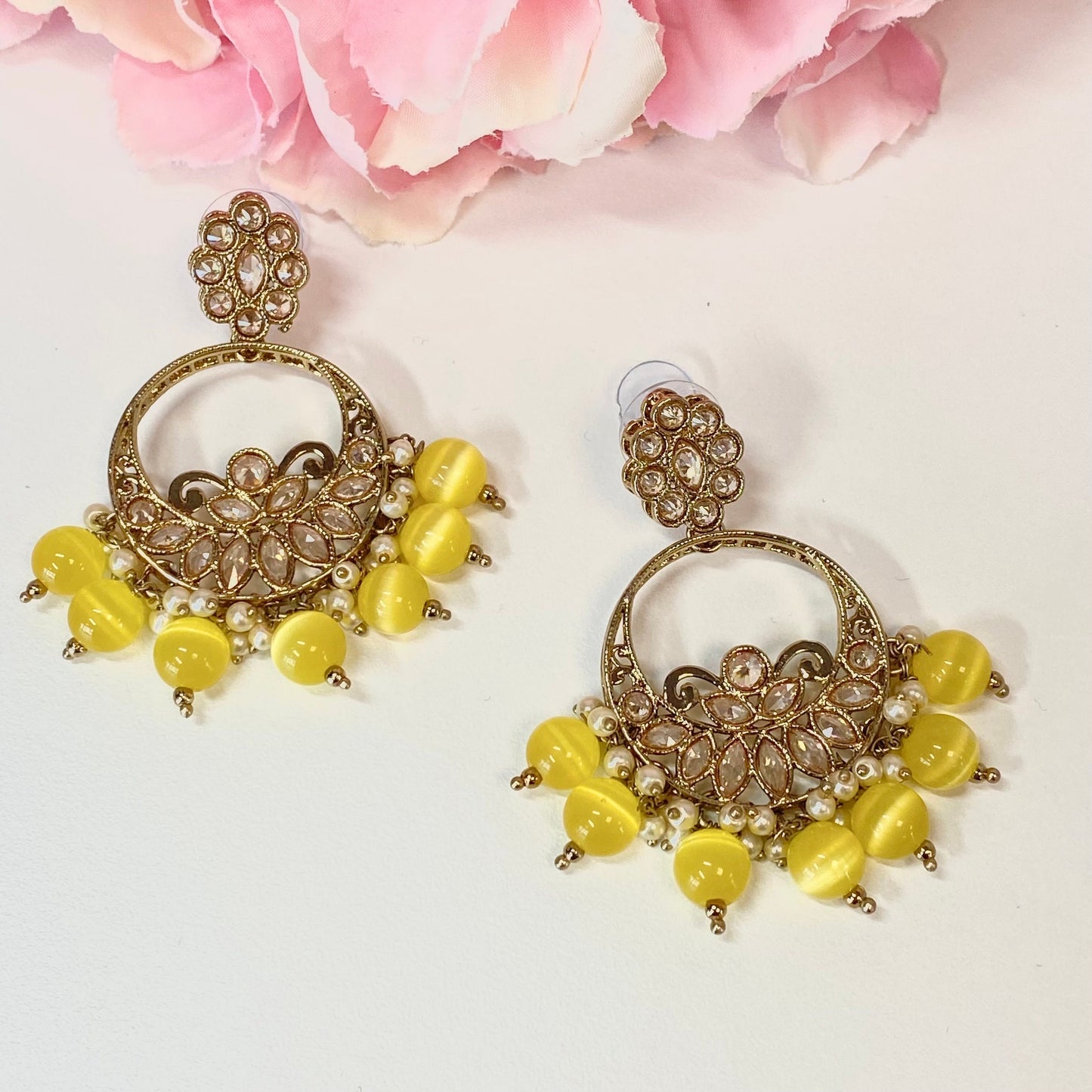Crystal Earrings- Yellow/ Indian Style Earring/ Fashion Jewellery/ Gift for Women/ Mendhi/ Haldi/ Party