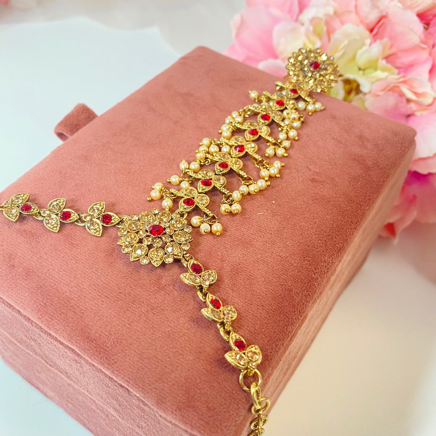 Hand Harness - Golden and Red/ Fashion Jewellery/ Gift for Women/Indian/Pakistani style /Haathphool/Hand Accessory