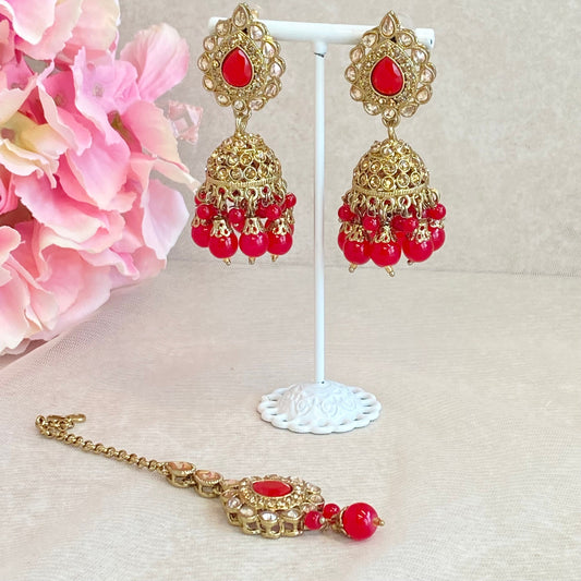Red Jhumka and Tikka set/ Earring Indian/ Pakistani Style/ Jhumki/ Tikli