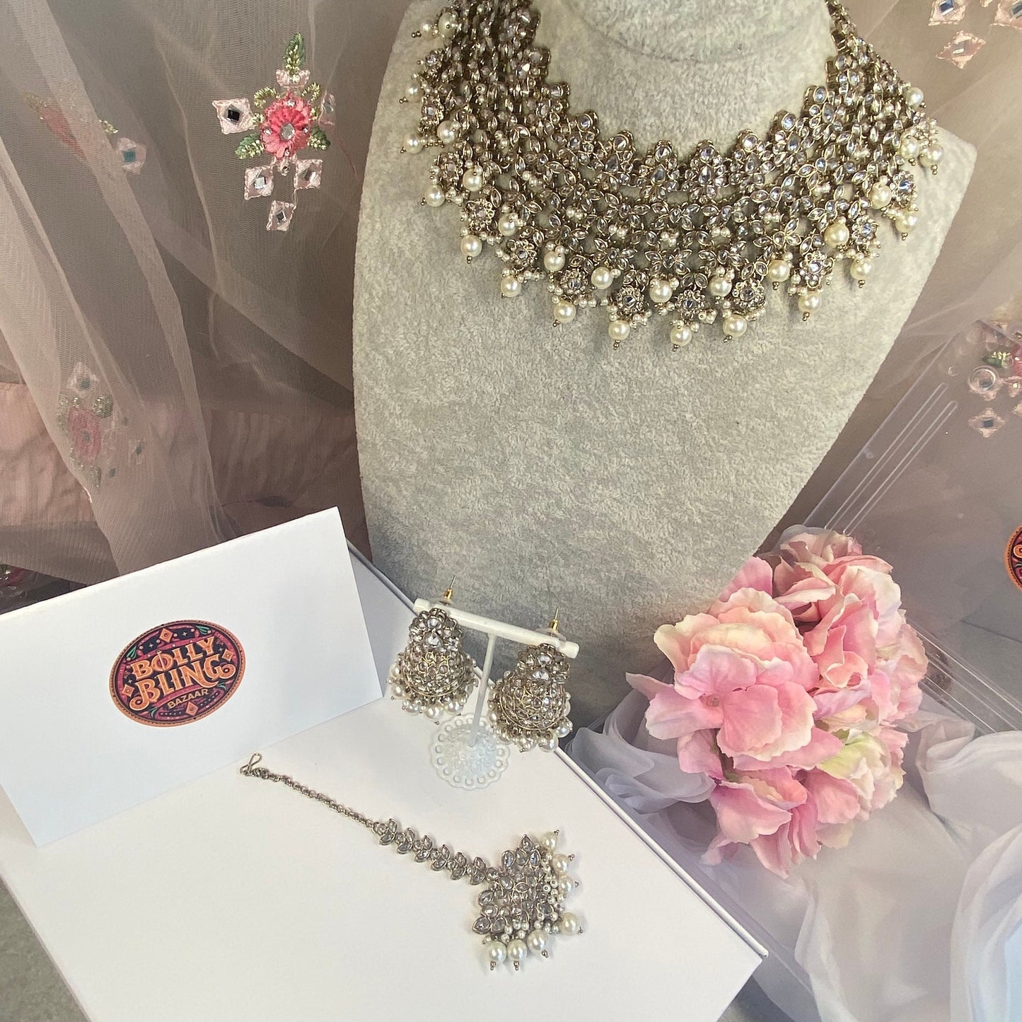 Bridal Clear Crystal Necklace set - Indian/ Pakistani Style/Bridal set/Wedding/ Light gold