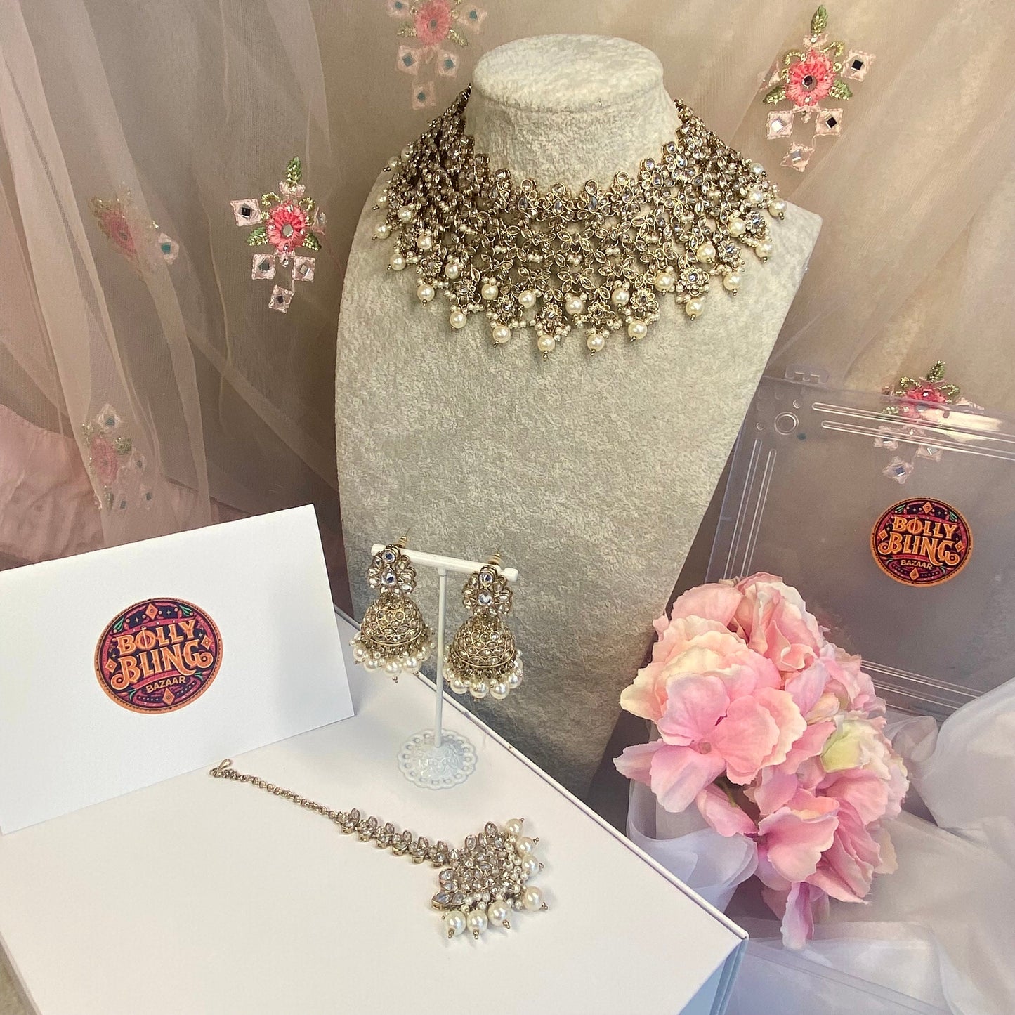 Bridal Clear Crystal Necklace set - Indian/ Pakistani Style/Bridal set/Wedding/ Light gold