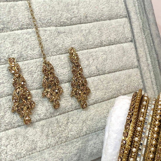 Elegant Earring and Tikka Set- Golden/ Small/ Simple/Flat Earring Indian/ Pakistani Style
