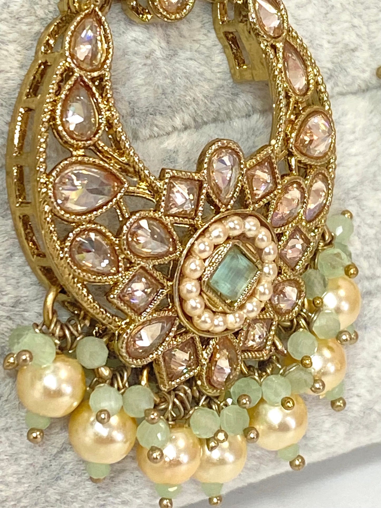 Crystal Indian Earrings and Tikka - Mint/ Flat Earring Indian/ Pakistani Style