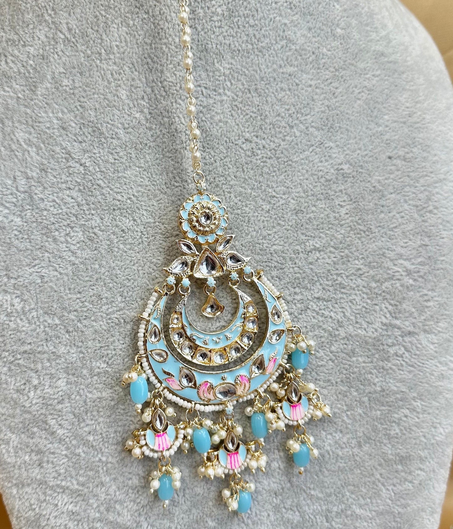 Meenakari/Faux Kudan Large Tikka - Sky Blue/Light Blue / Tikli/ Indian/ Pakistani Fashion Jewellery/Maang Tikkas