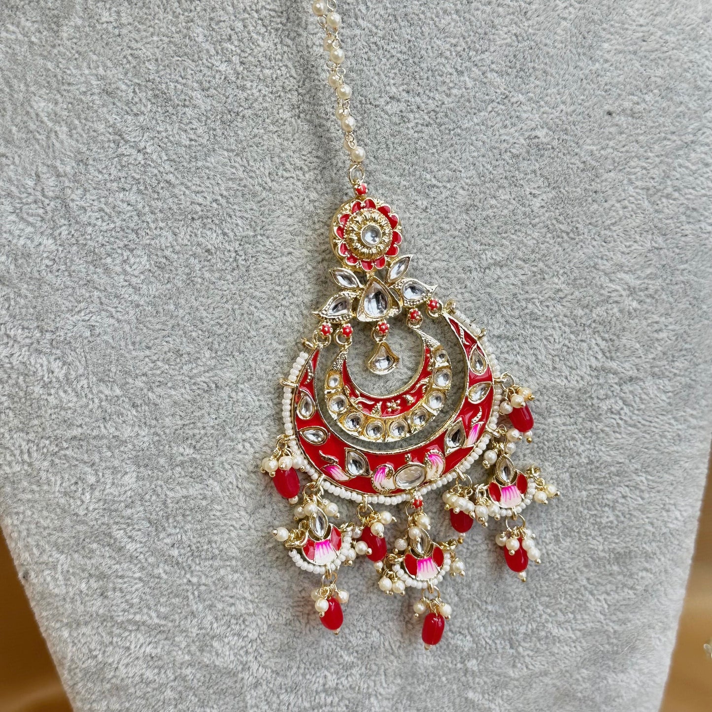 Meenakari/Faux Kudan Large Tikka - Red/ Tikli/ Indian/ Pakistani Fashion Jewellery/ Maang Tikkas