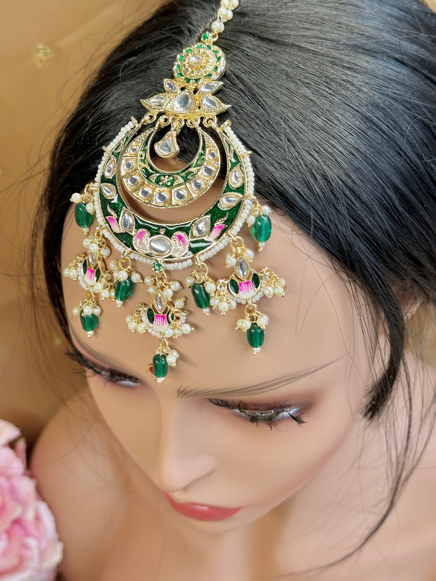 Meenakari/Faux Kudan Large Tikka - Black/ Tikli/ Indian/ Pakistani Fashion Jewellery/ Maang Tikkas