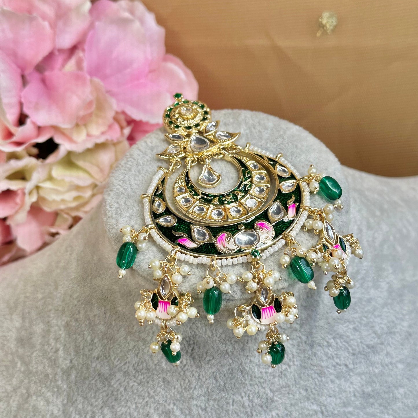 Meenakari/Faux Kudan Large Tikka - Green/ Tikli/ Indian/ Pakistani Fashion Jewellery/Maang Tikkas