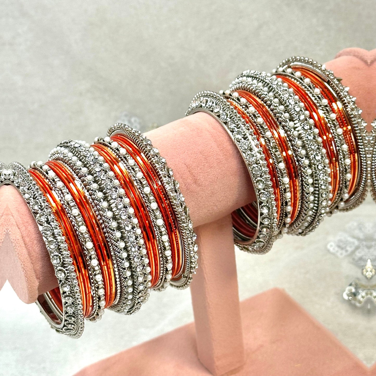 Orange/Silver Bangle Set/Indian/ Pakistani/Jewelley/ Fashion Bracelet