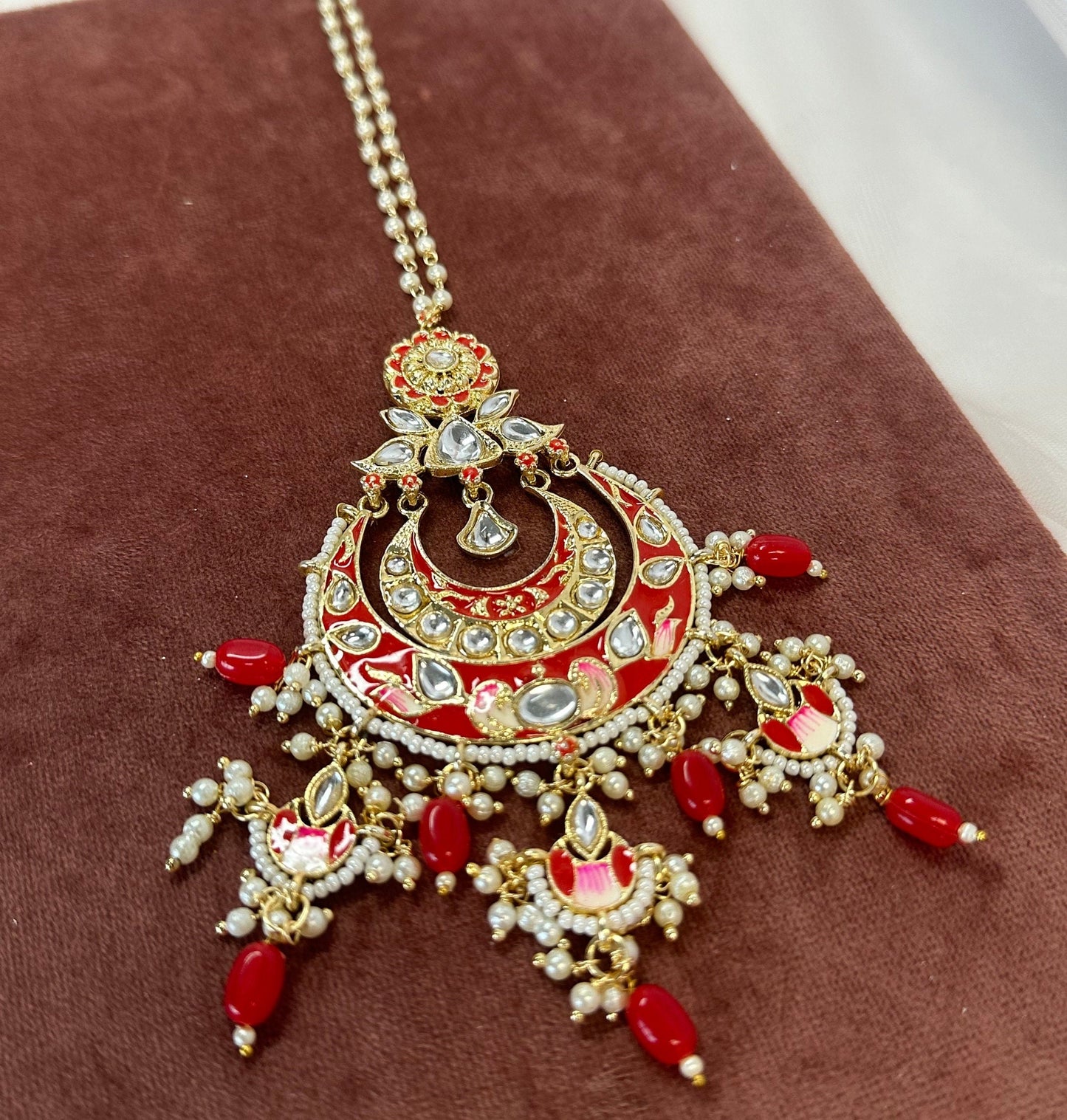 Meenakari/Hand-Painted Red Large Tikka/ Tikli/ Indian/ Pakistani Fashion Jewellery/ Maang Tikkas