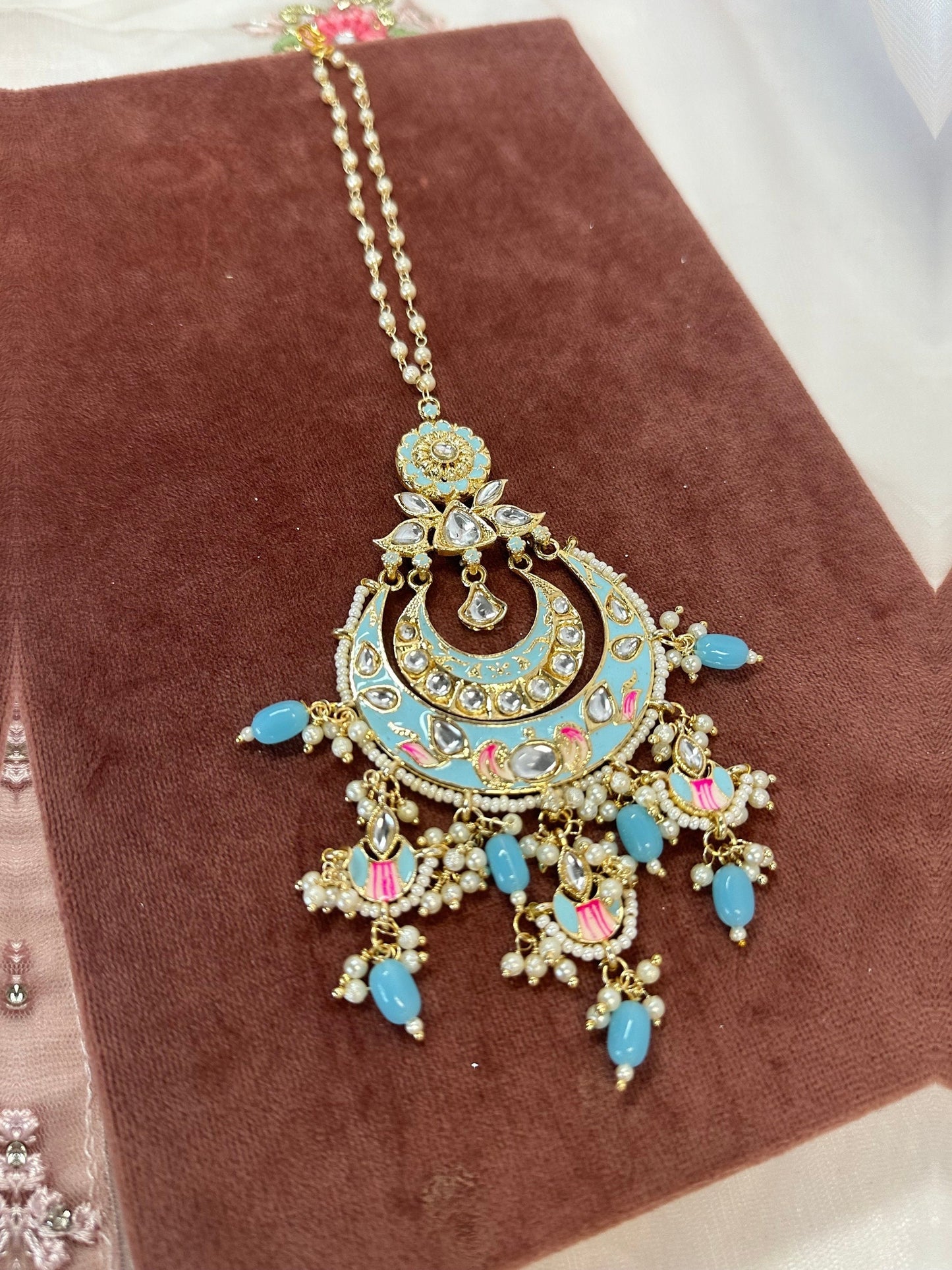 Meenakari/Hand-Painted Blue Large Tikka/ Tikli/ Indian/ Pakistani Fashion Jewellery/ Maang Tikkas