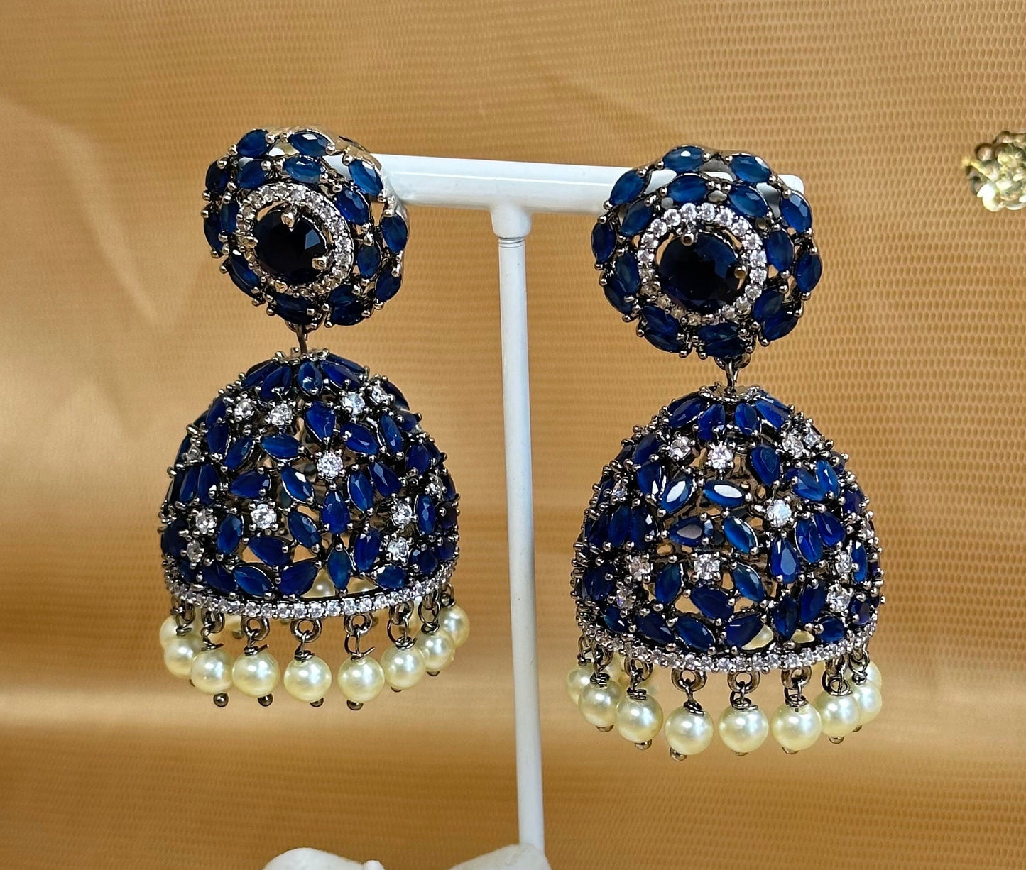 Navy Medium Diamante Jhumka Earrings
