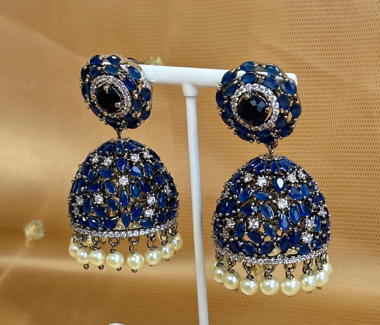 Navy Medium Diamante Jhumka Earrings
