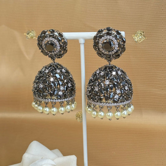 Black Diamante Medium Jhumka Earrings