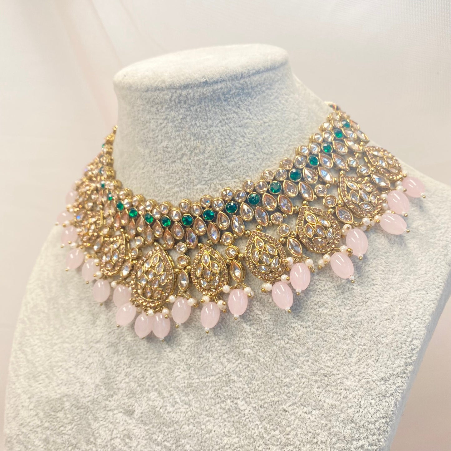 Antique Gold Green and Pink Double Necklace Only
