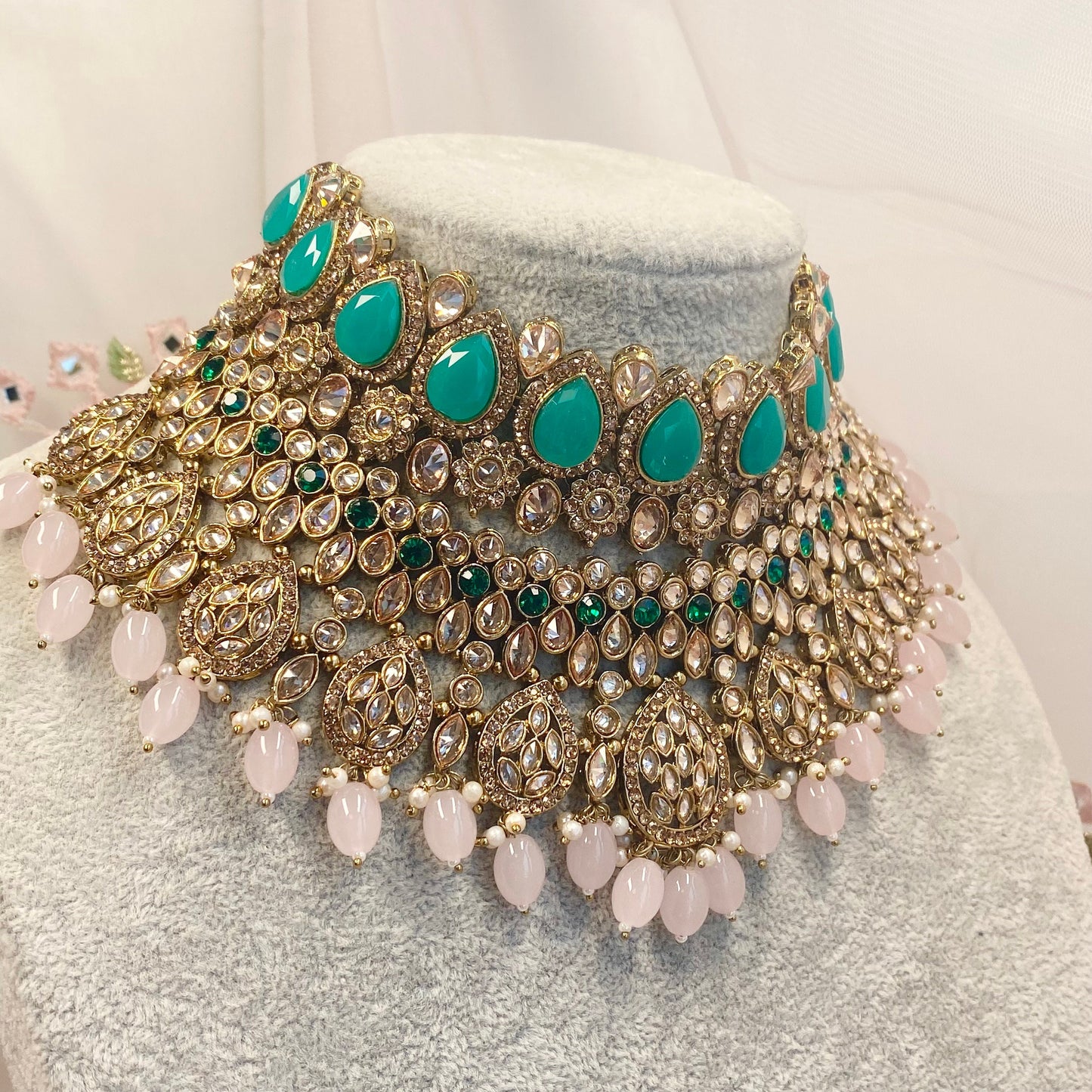 Antique Gold Green and Pink Double Necklace Only