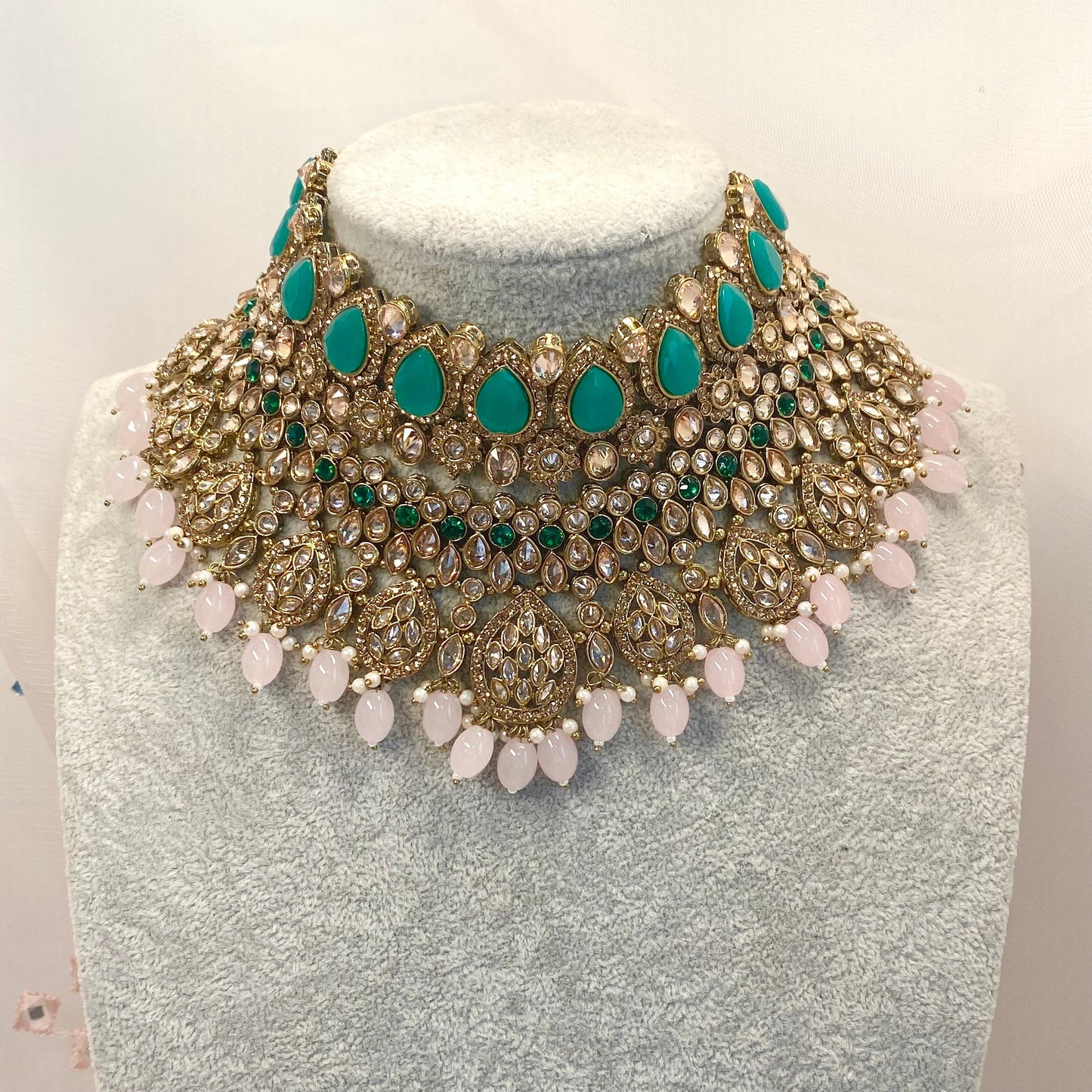 Antique Gold Green and Pink Double Necklace Only