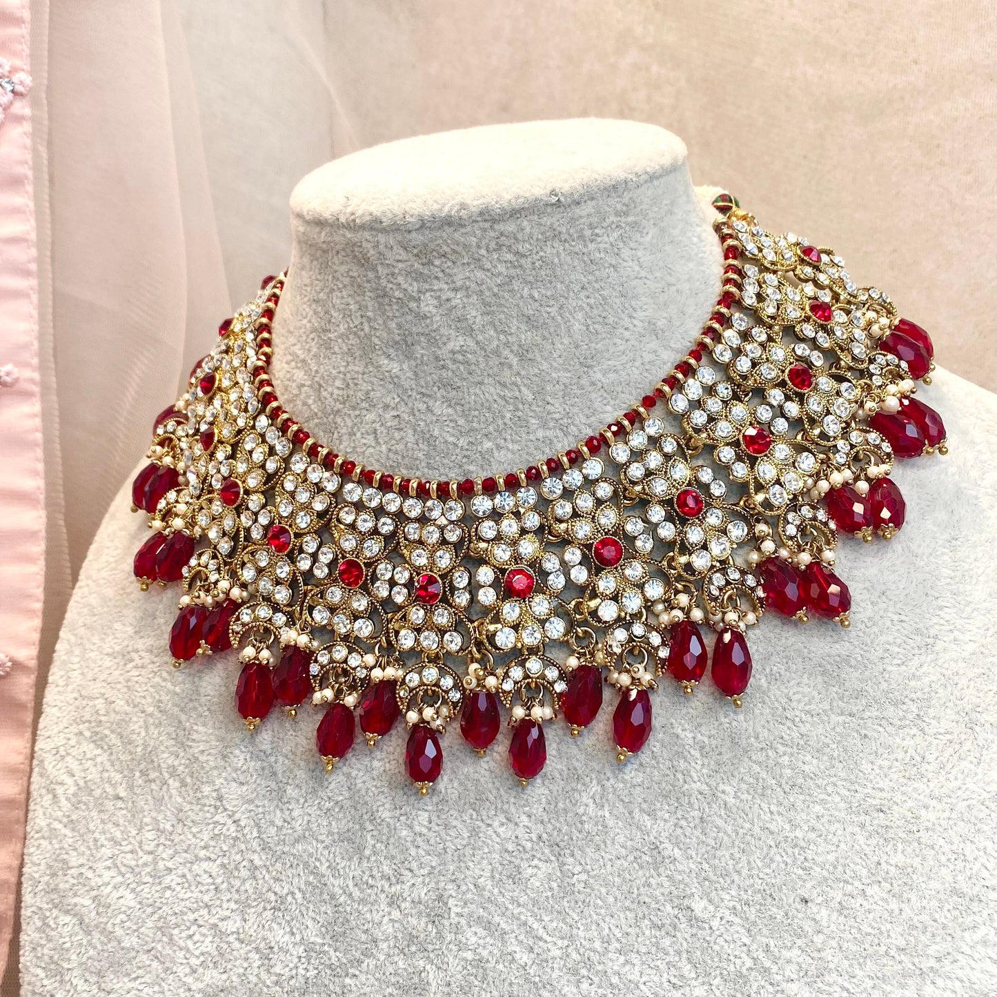 Maroon bridal necklace set/ Jhumki Earring Indian/ Pakistani Style