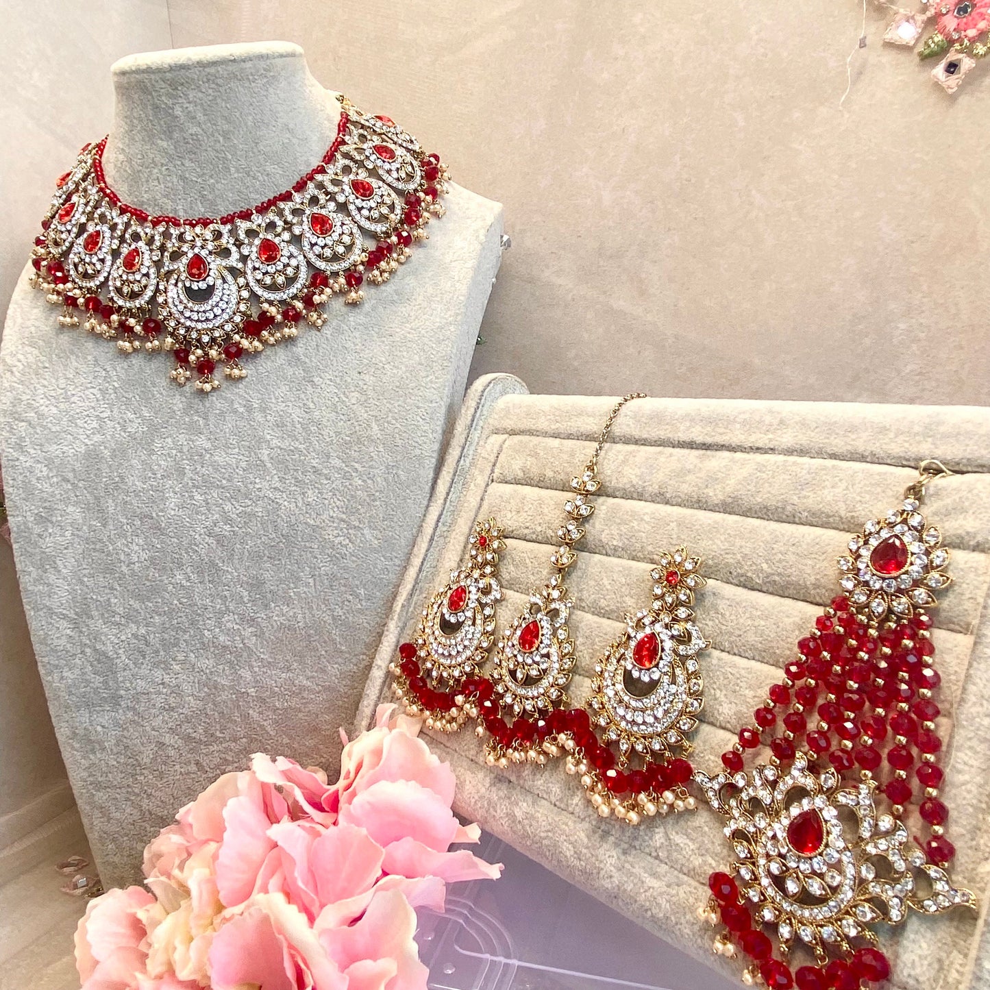 Red Bridal Necklace Set with Jhumar Indian/ Pakistani Style/ Choker/ Earring/ Tikka
