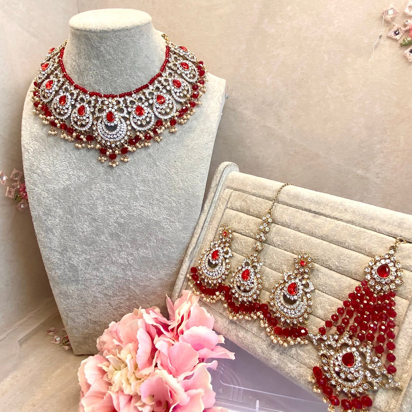 Red Bridal Necklace Set with Jhumar Indian/ Pakistani Style/ Choker/ Earring/ Tikka