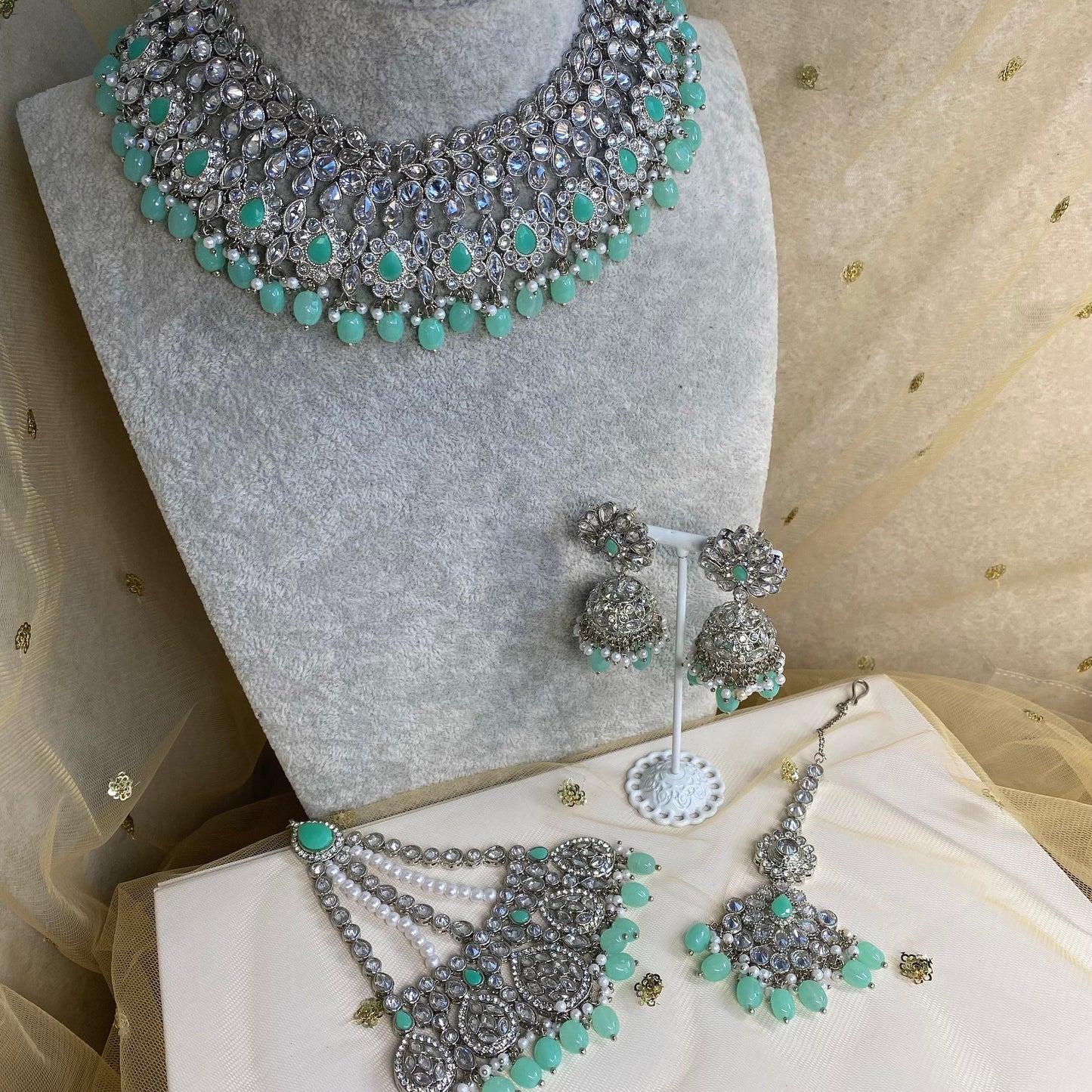 Silver and Mint Bridal Necklace Set Indian/ Pakistani Style/ Wedding/ Fashion Jewellery/ Necklace set