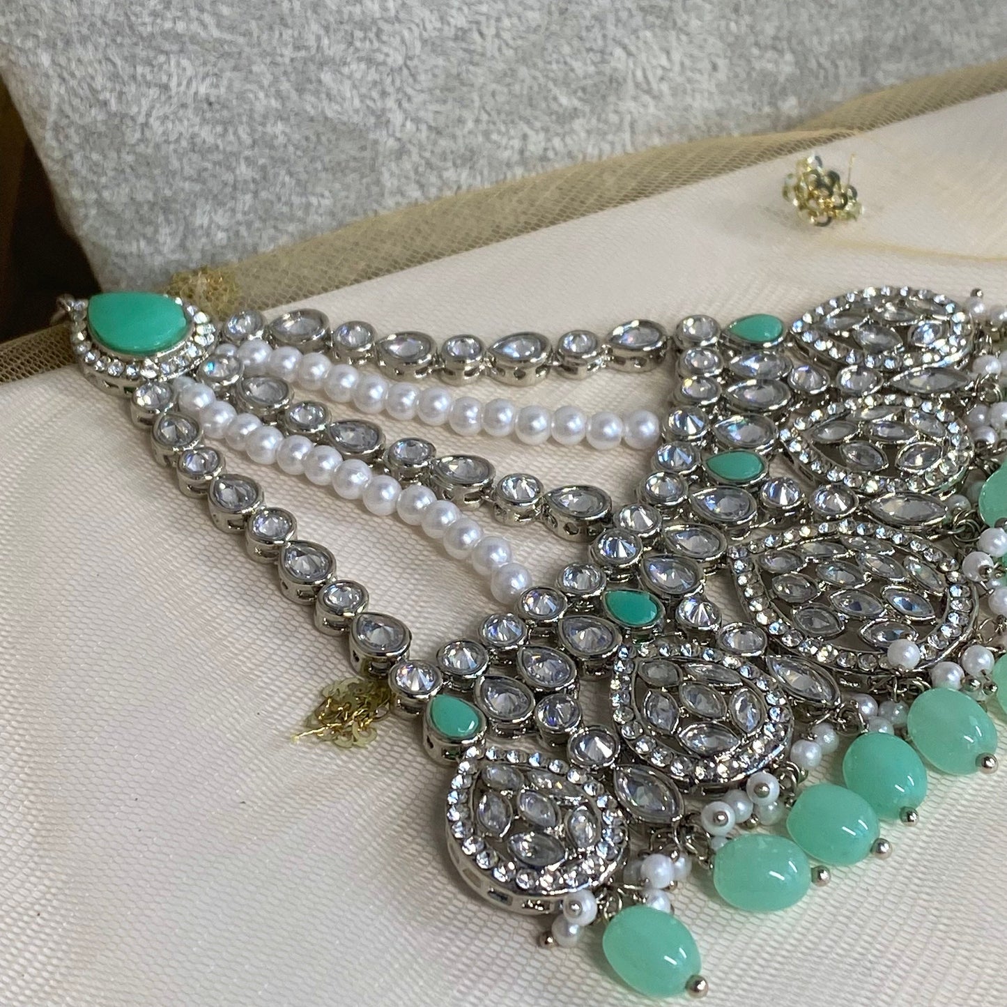 Silver and Mint Bridal Necklace Set Indian/ Pakistani Style/ Wedding/ Fashion Jewellery/ Necklace set