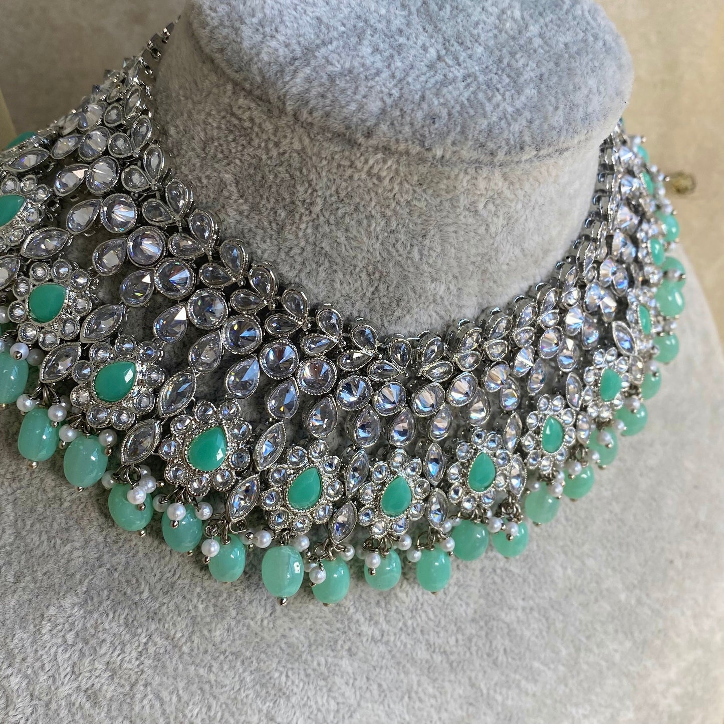 Silver and Mint Bridal Necklace Set Indian/ Pakistani Style/ Wedding/ Fashion Jewellery/ Necklace set