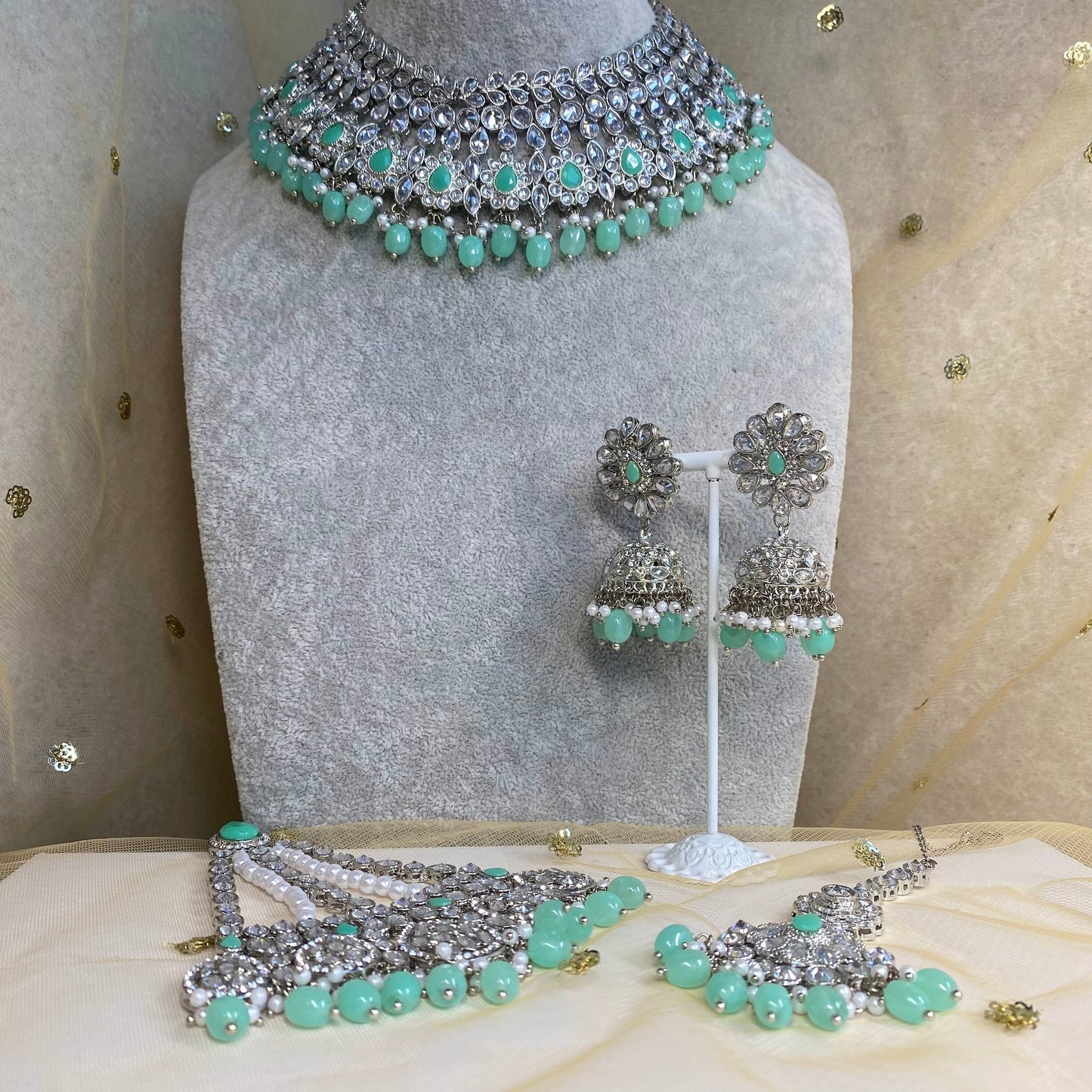 Silver and Mint Bridal Necklace Set Indian/ Pakistani Style/ Wedding/ Fashion Jewellery/ Necklace set