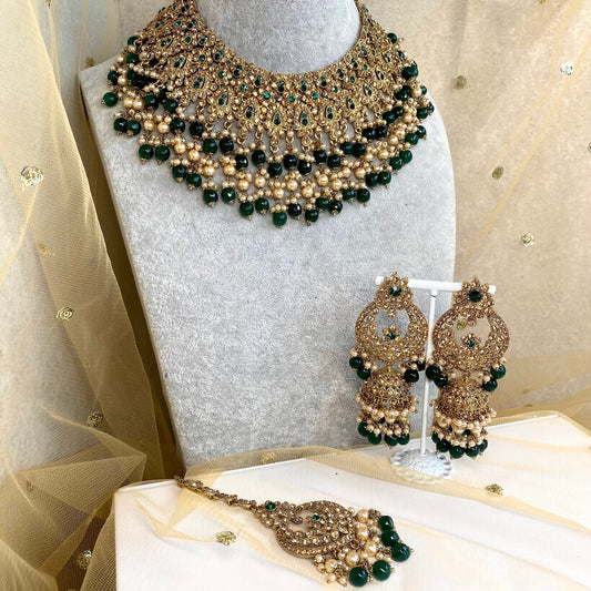Large Green and Gold Bridal Necklace set Indian/ Pakistani Style/ Wedding/ Fashion Jewellery/ Necklace set