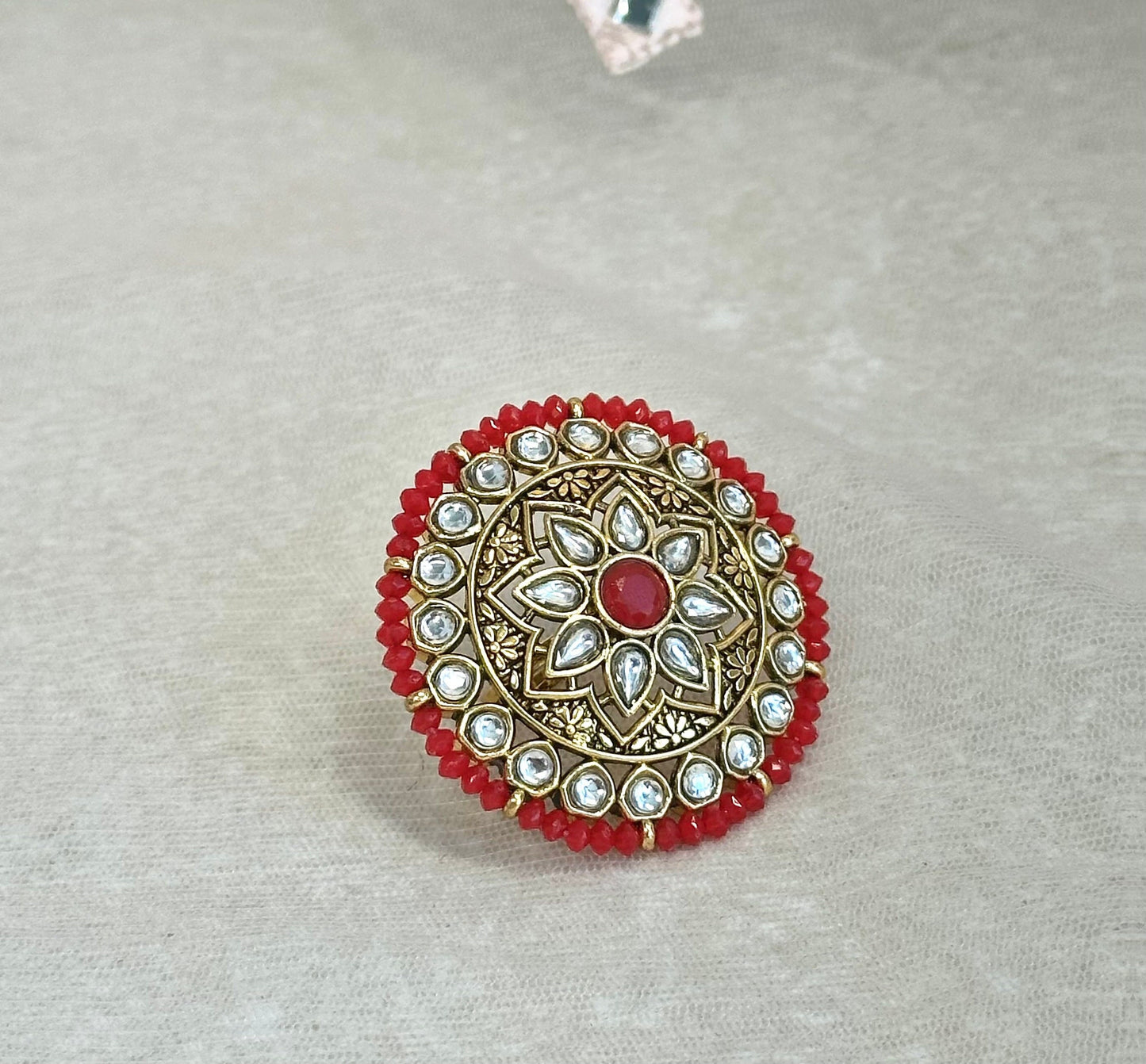 Medium Faux Kundan Ring - Red/ Fashion Jewellery/ Gift for Women/Indian/Pakistani style
