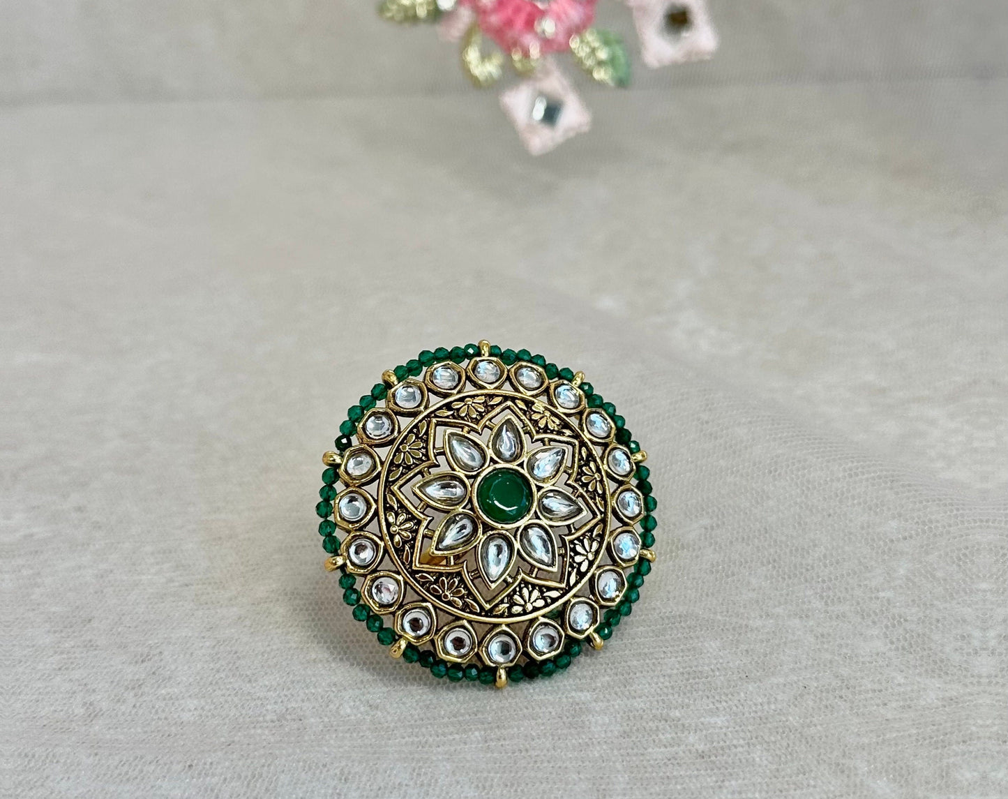 Medium Faux Kundan Ring - Green/ Fashion Jewellery/ Gift for Women/Indian/Pakistani style