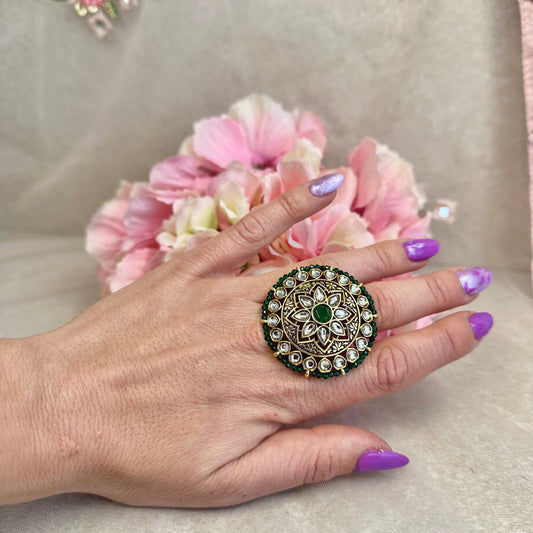 Medium Faux Kundan Ring - Green/ Fashion Jewellery/ Gift for Women/Indian/Pakistani style