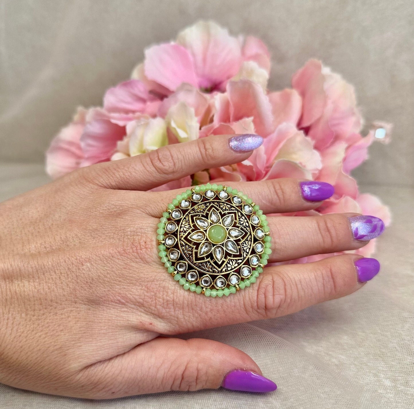 Medium Faux Kundan Ring - Mint/ Fashion Jewellery/ Gift for Women/Indian/Pakistani style