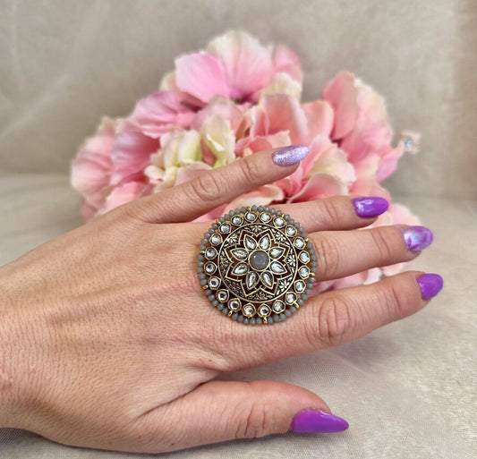 Medium Faux Kudan Ring - Grey/ Fashion Jewellery/ Gift for Women/Indian/Pakistani style