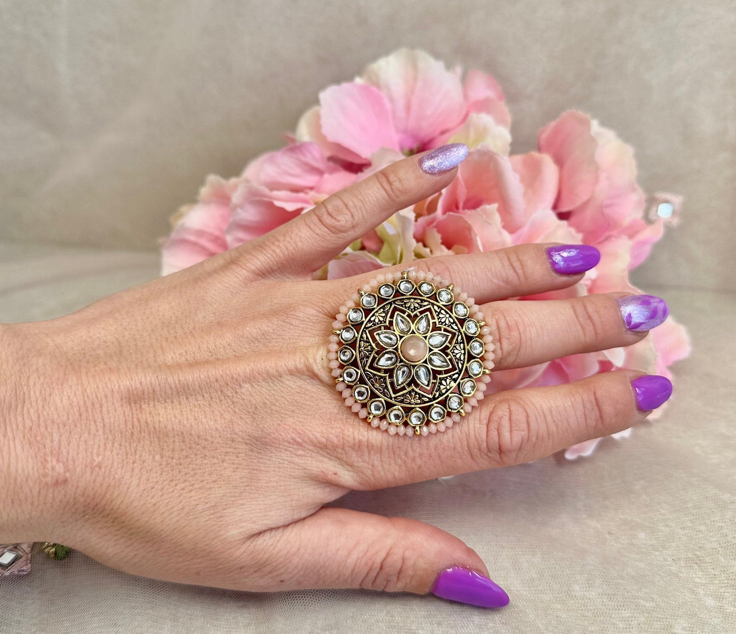 Medium Faux Kundan Ring - Light Pink/ Fashion Jewellery/ Gift for Women/Indian/Pakistani style