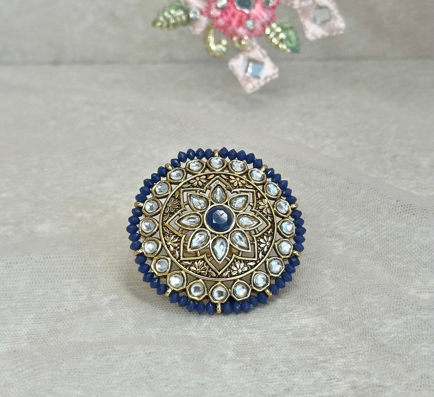 Medium Faux  Kundan Ring - Navy/ Fashion Jewellery/ Gift for Women/Indian/Pakistani style