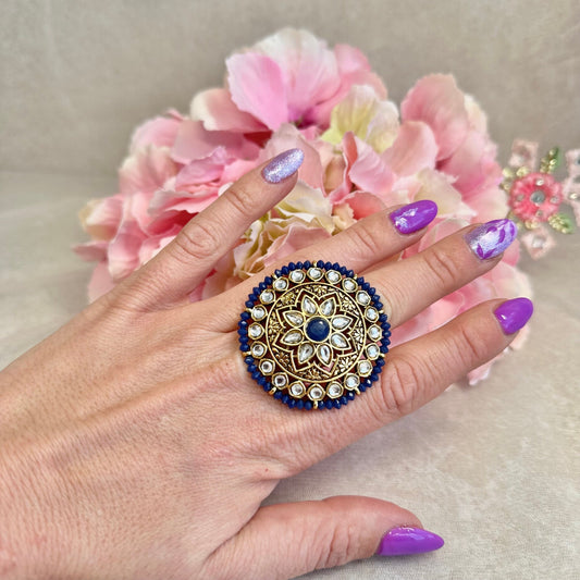 Medium Faux  Kundan Ring - Navy/ Fashion Jewellery/ Gift for Women/Indian/Pakistani style