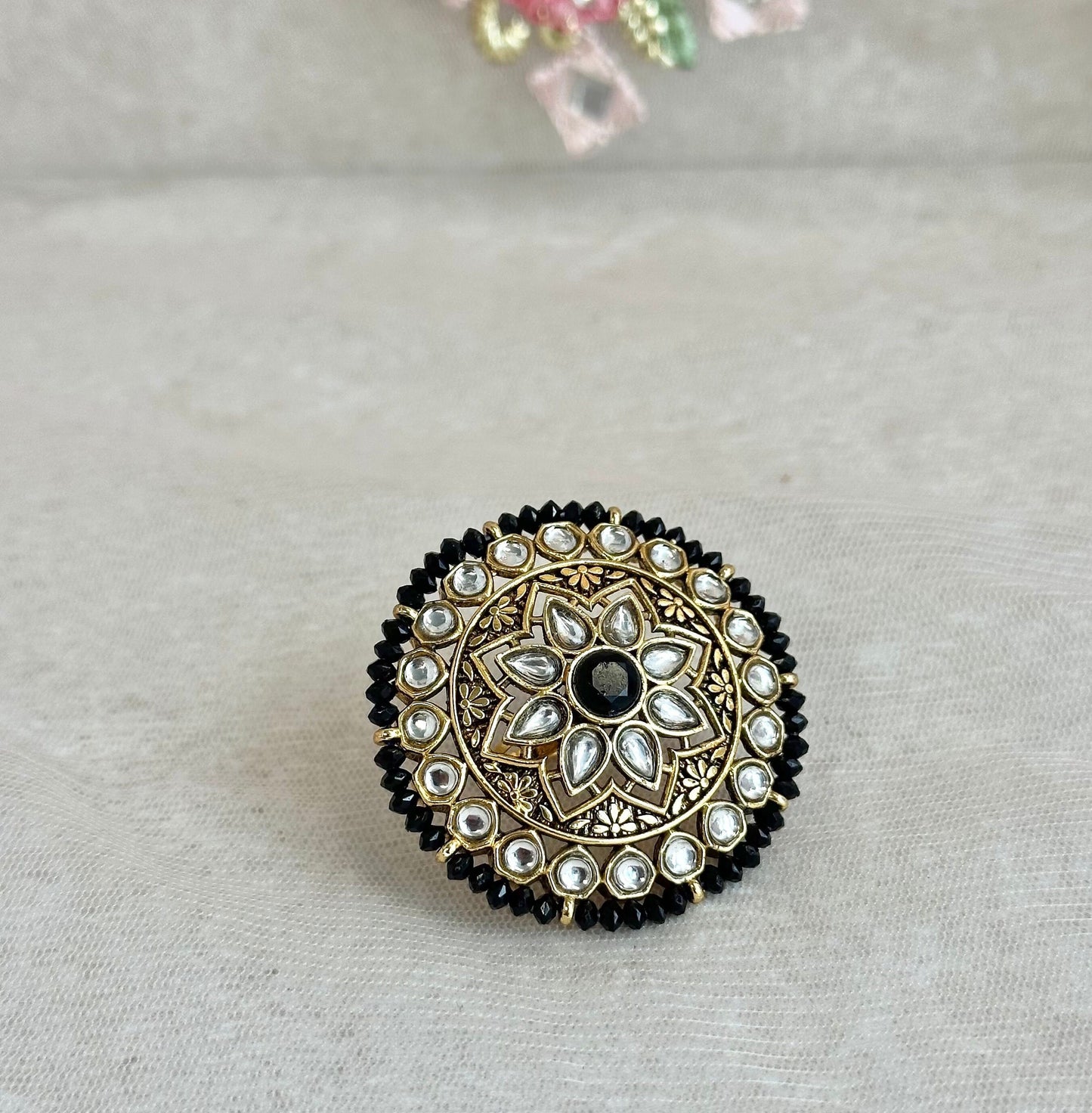 Medium Faux Kundan Ring - Black/ Fashion Jewellery/ Gift for Women/Indian/Pakistani style