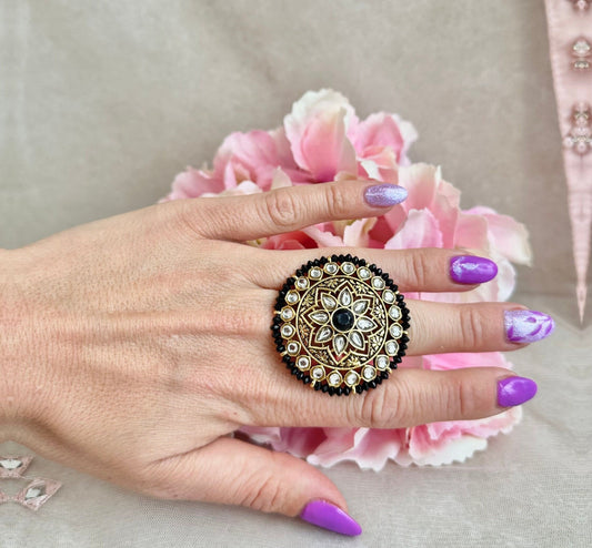 Medium Faux Kundan Ring - Black/ Fashion Jewellery/ Gift for Women/Indian/Pakistani style