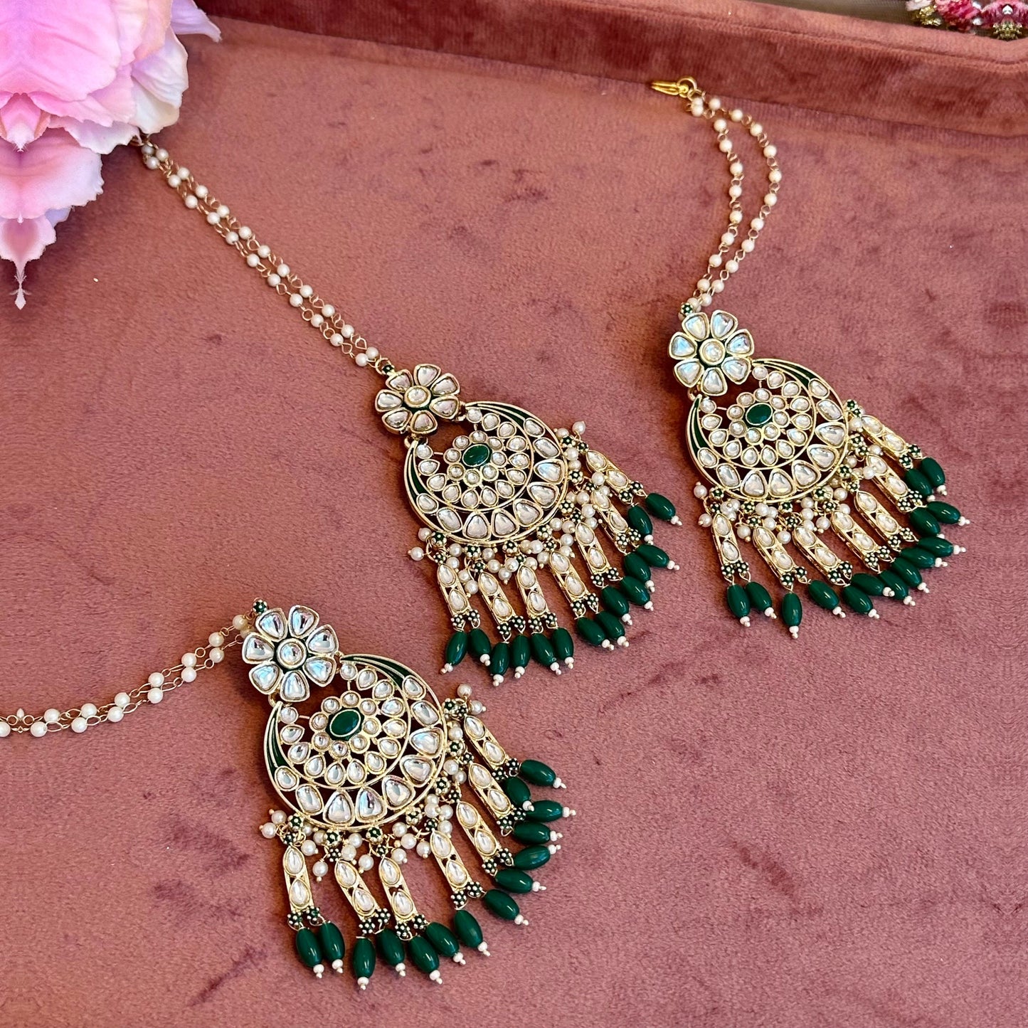 Large Faux Kundan Earrings & Tikka Set - Green/Meenakari/ Indian/ Pakistani Style/