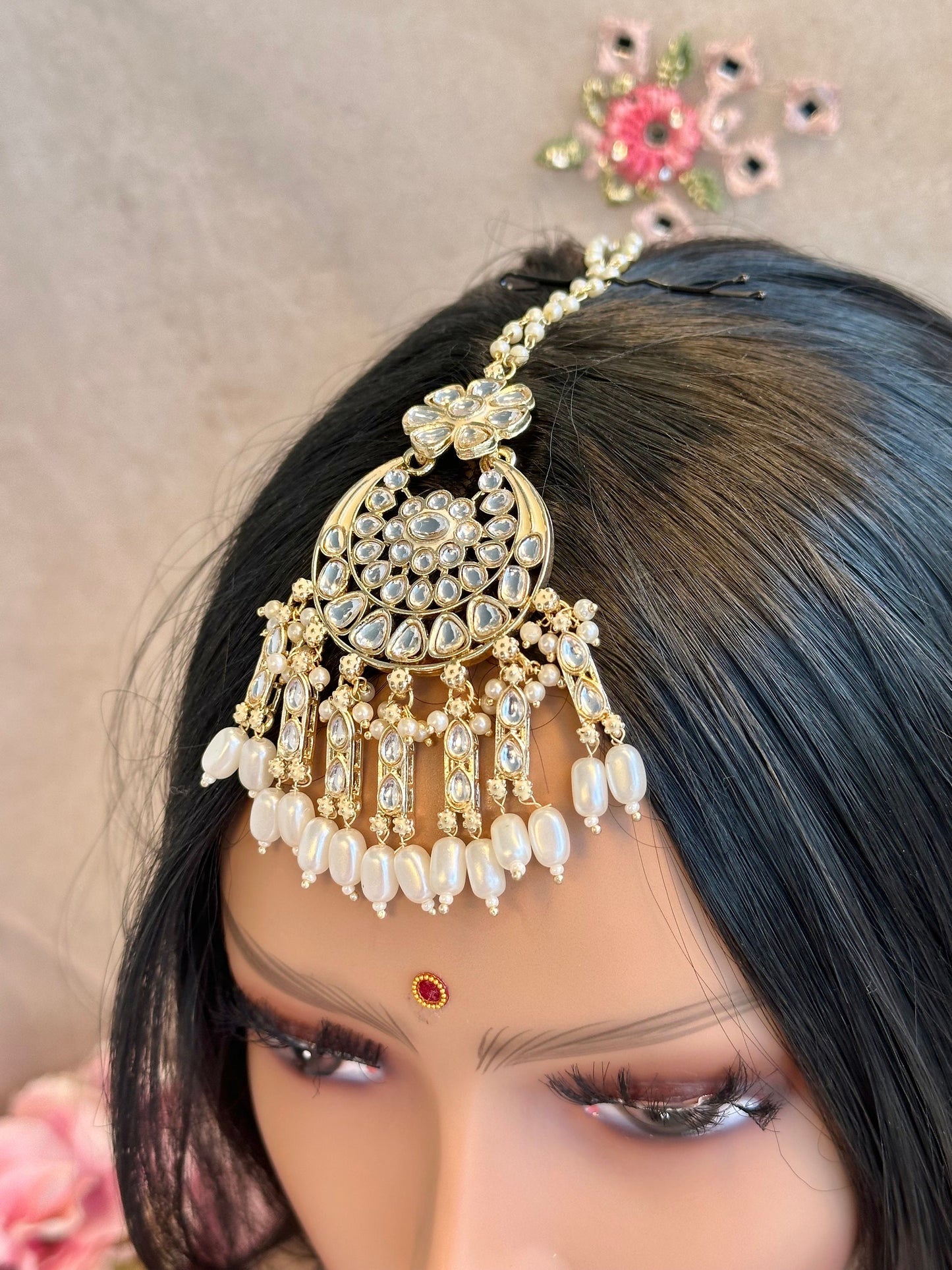 Large Faux Kundan Earrings & Tikka Set - Green/Meenakari/ Indian/ Pakistani Style/